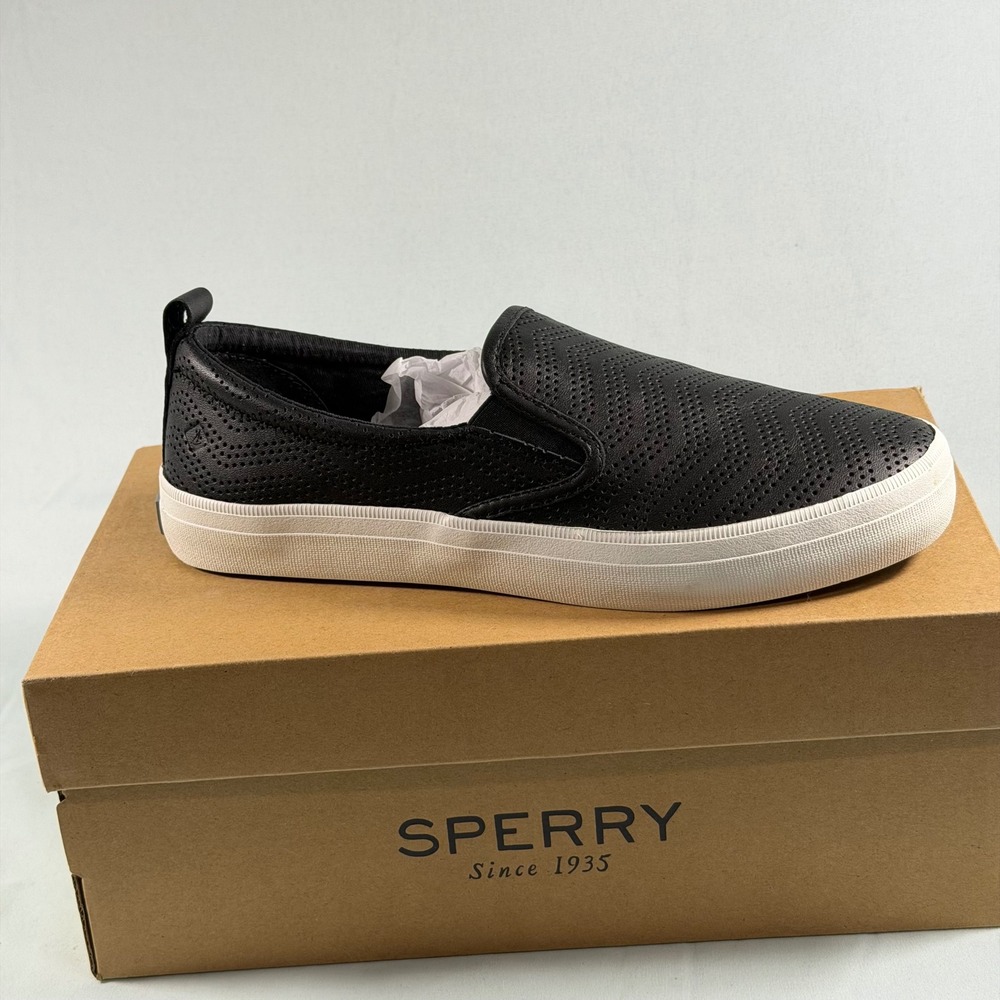 Sperry Womens-8.5M Crest Vibe Leather Sneakers Black Perforated